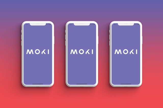 three mobile devices with purple screens that say moki